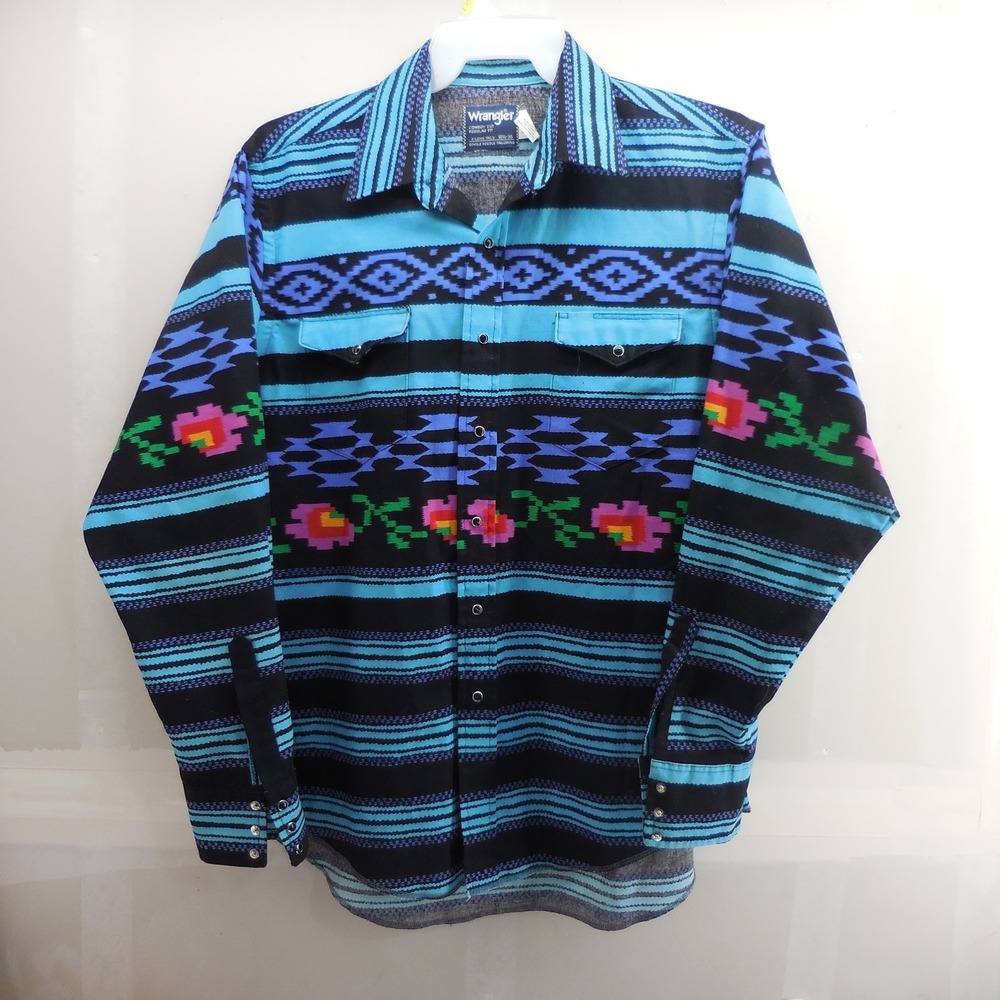 VTG Wrangler Cowboy Cut Western Shirt Mens 16.5x36 Southwestern Pearl Snap L